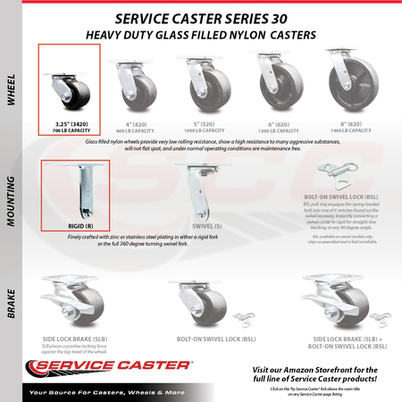 Service Caster 3.25 Inch Glass Filled Nylon Caster Set with 2 Brakes/Swivel Lock 2 Rigid SCC SCC-30CS3420-GFNB-SLB-BSL-2-R-2